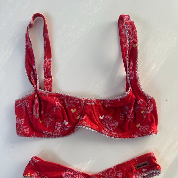 Blackbough Red Heart Rose Pattern Balconette & High Rise Bikini Set Small - Picture 2 of 5